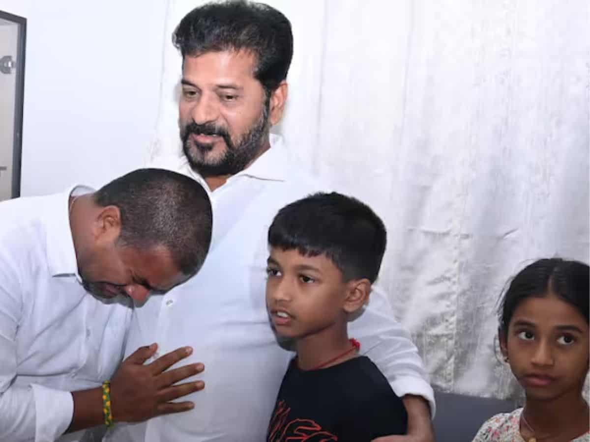 Chief Minister A Revanth Reddy pays his visit to Congress MLA Medipalli Satyam at his residence in Kompally on Saturday.