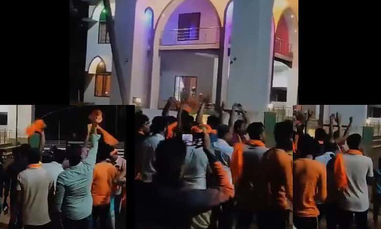 BJP members dance in front of Karnataka mosque to celebrate poll win