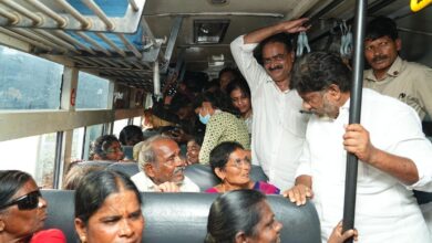 Deputy chief minister Bhatti Vikramarka travels in a 'Palle Velugu' RTC bus as a commoner by paying for the ticket from Khammam Old Bus Stand to Jagannathapuram village in Bonakal mandal on Wednesday.