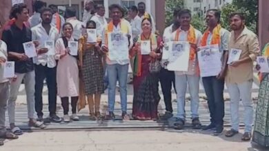 BJP workers protest in Gajwel town and report Gajwel MLA K Chandrasekhar Rao as missing in the police station on Saturday.