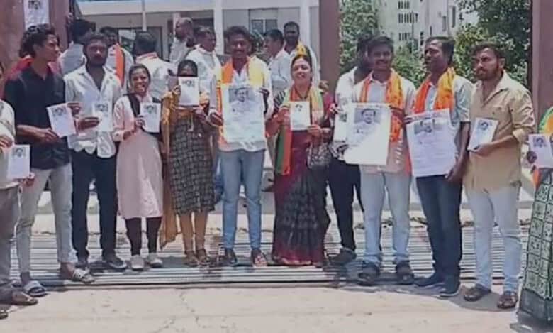 BJP workers protest in Gajwel town and report Gajwel MLA K Chandrasekhar Rao as missing in the police station on Saturday.