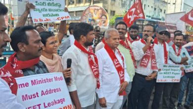 Activists of CPM's city unit stage protest at RTC X Roads on Thursday, demanding a judicial inquiry into the leakage of the national eligibility-cum-entrance test (NEET) question paper.