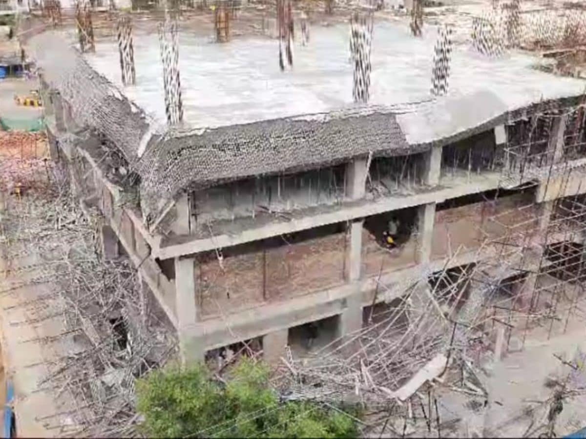 The slab of an under-construction building collapses in Puppalguda on Saturday.