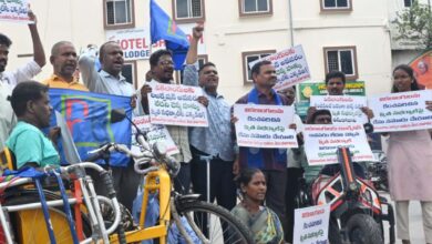 NPRD activists stage a protest at the RTC X Roads on Monday, demanding Smita Sabharwal to tender her apology to the differently-abled community.