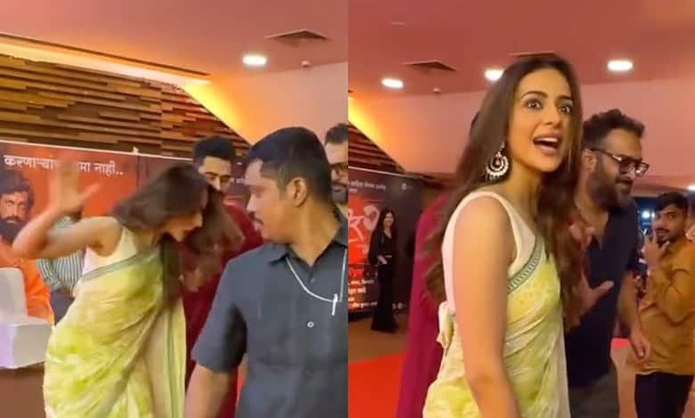 Rakul Preet Singh's near fall at Dharmaveer 2 trailer launch