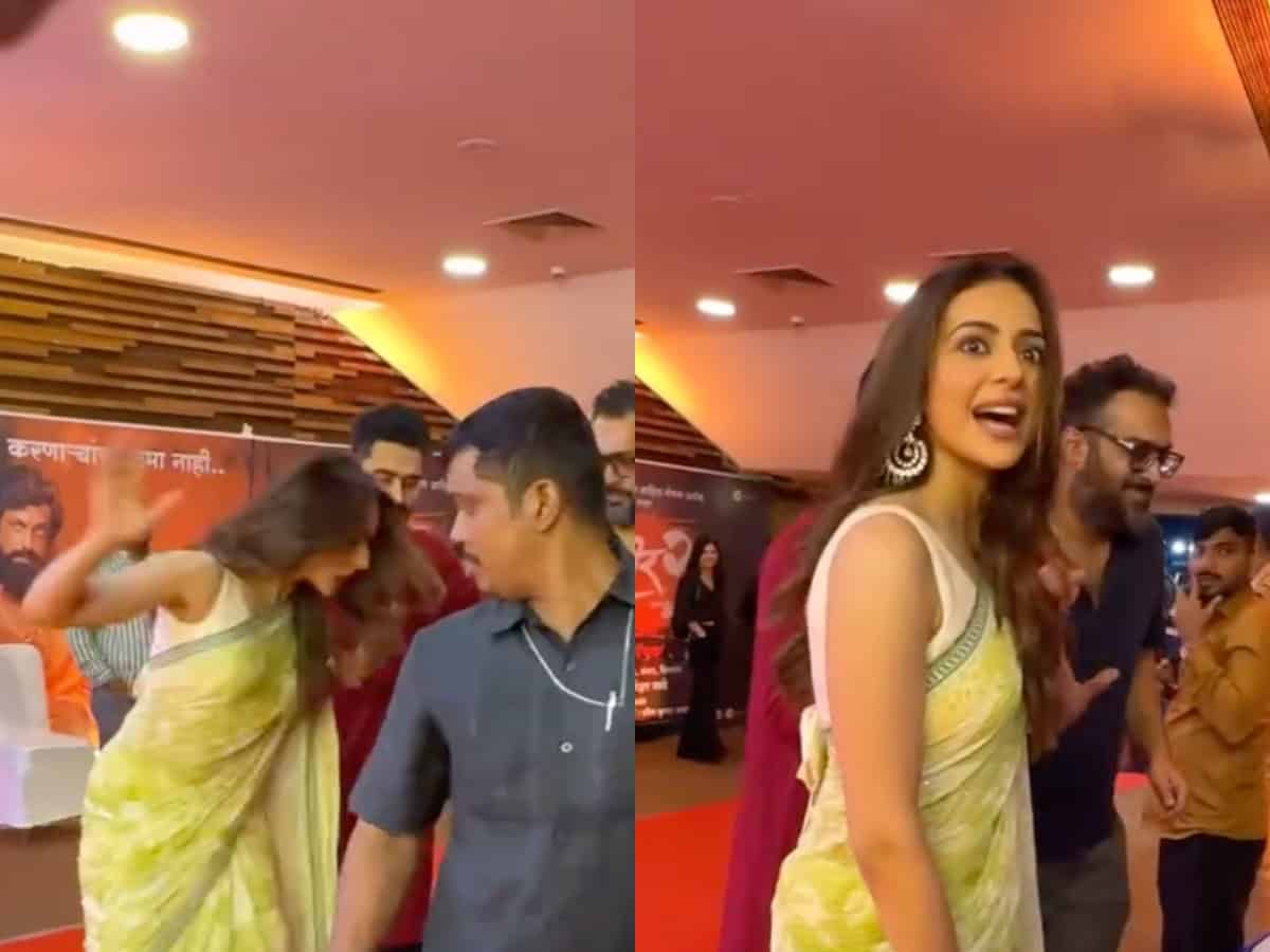 Rakul Preet Singh's near fall at Dharmaveer 2 trailer launch