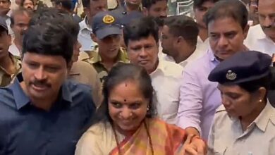 BRS MLC Kavitha arrives to grand welcome at Hyderabad airport