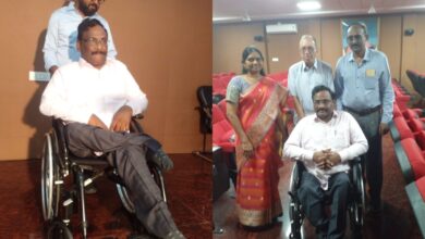 For the first time after his release from jail, Professor GN Saibaba interacts with media at Basheerbagh Press Club on Friday.
