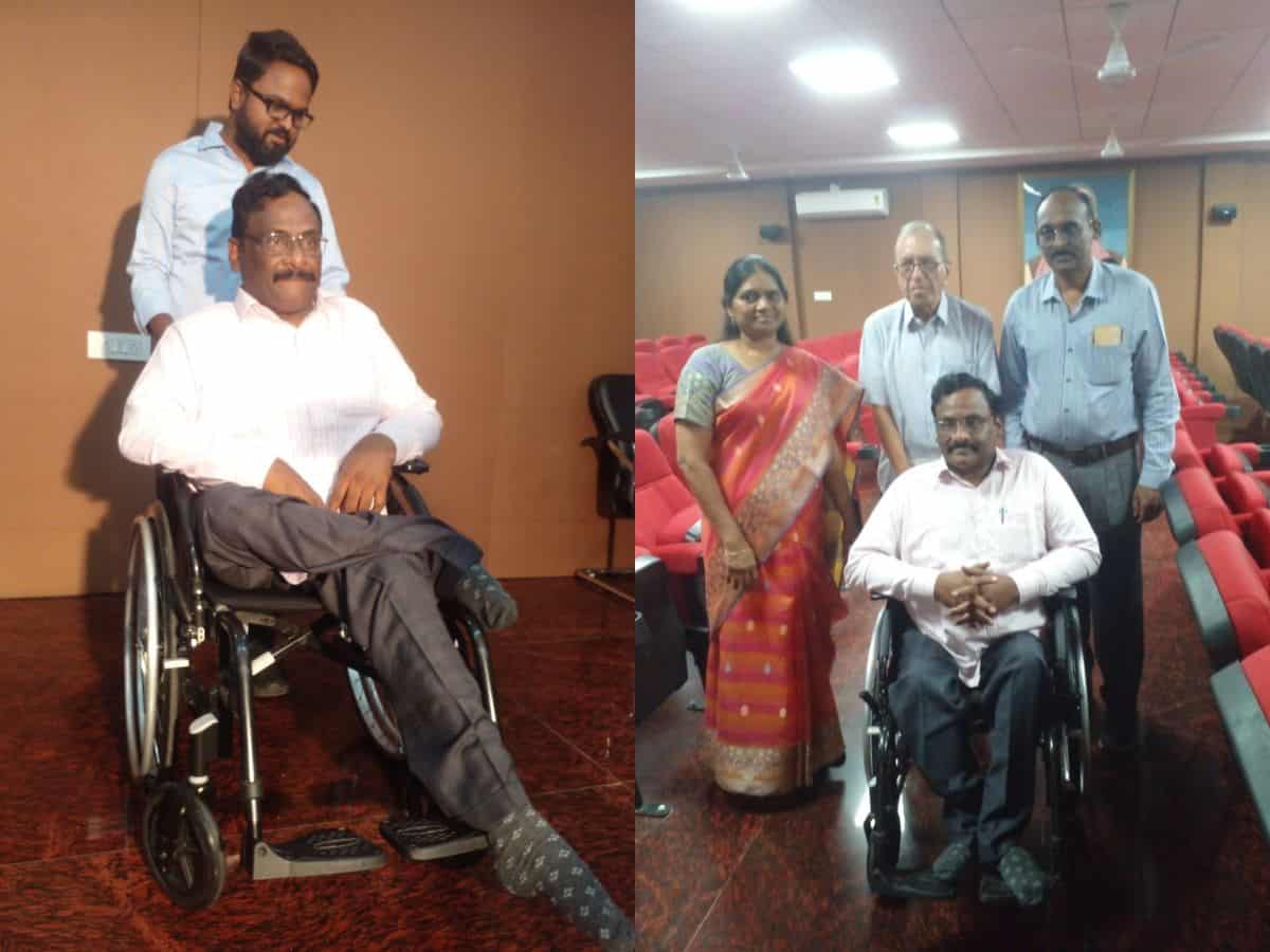 For the first time after his release from jail, Professor GN Saibaba interacts with media at Basheerbagh Press Club on Friday.