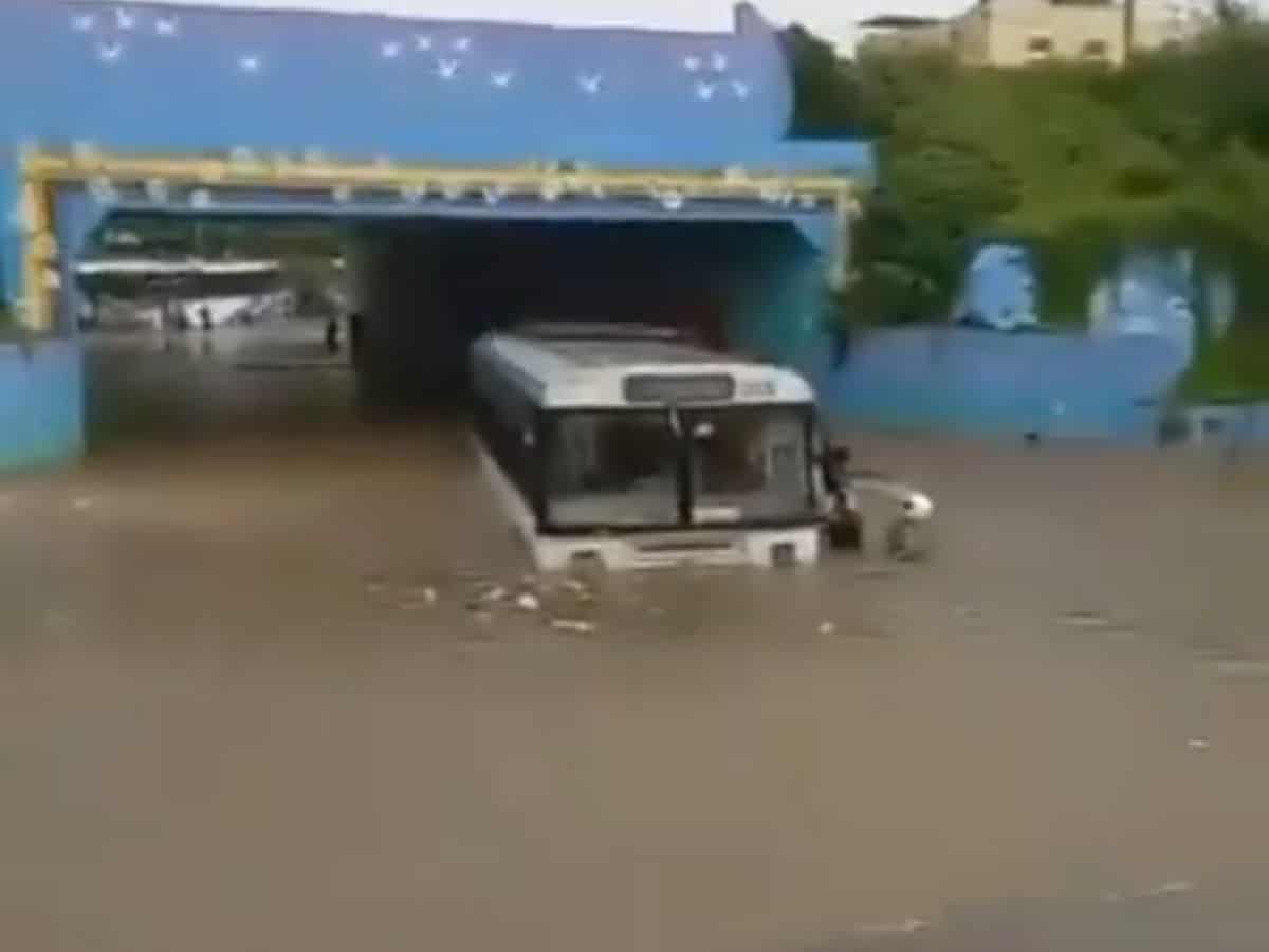 Telangana RTC bus stranded in flooded underpass