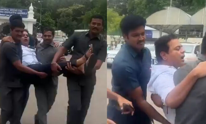 BRS MLAs protest Telangana CM's remarks in Assembly; KTR, others detained