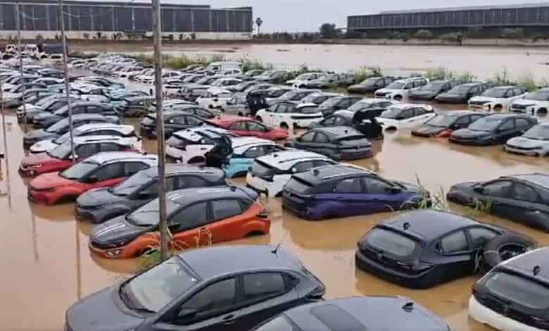 Brand new cars submerged amid floods in Vijayawada