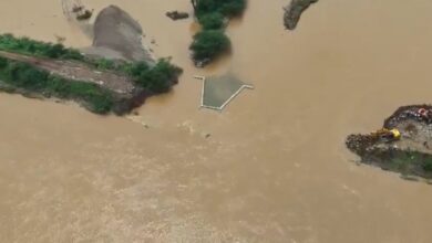 Aerial view of the Broken boulders in flood hit Vijayawada