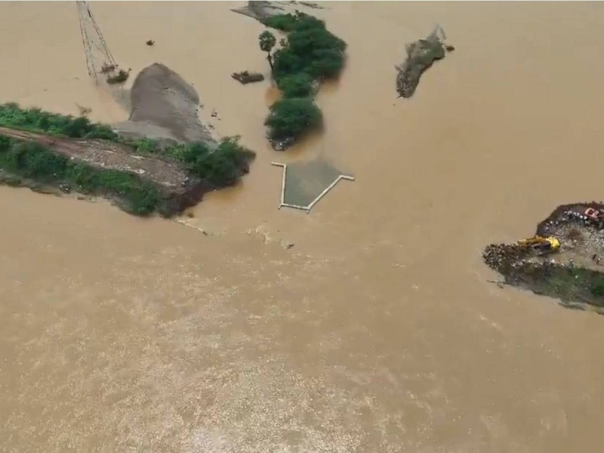 Aerial view of the Broken boulders in flood hit Vijayawada