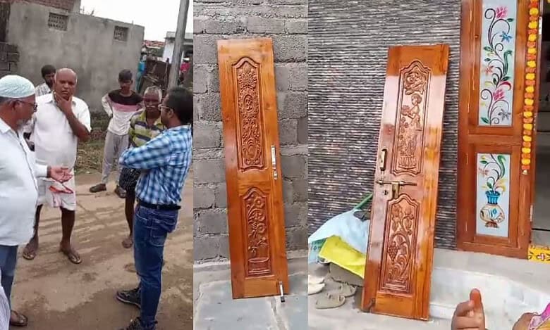 DCCB Adilabad bank officials try to recover loan by taking way new teak wood doors of the borrower.