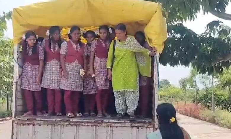 Telangana: Students transported in DCM vehicle for Praja Palana Day