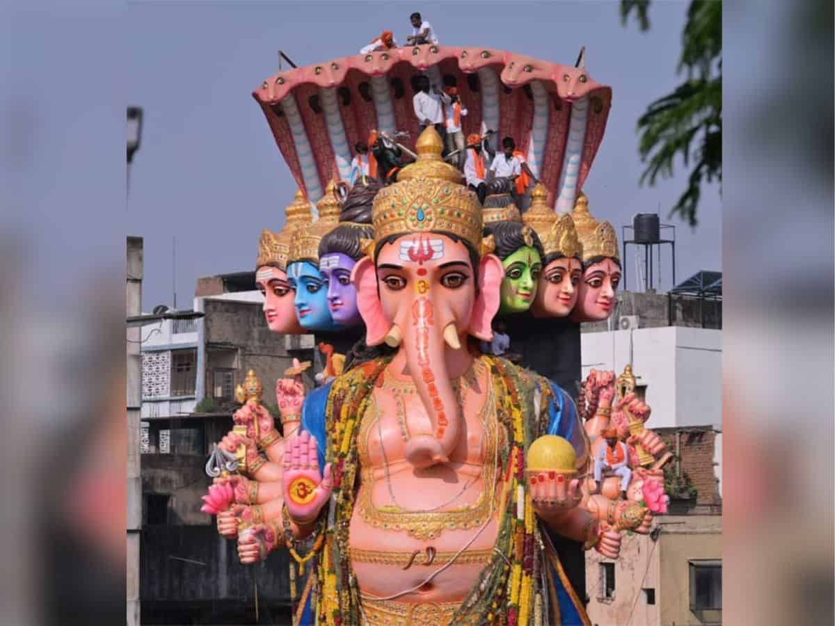 Hyderabad: Shobayatra of Khairatabad 70 ft tall Ganesh idol underway