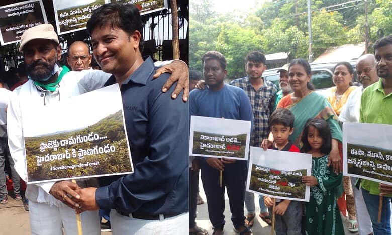 Environmental activists and civil society organisations hold dharna against construction of a low-frequency naval radar project inside the Damagundam forest, at Dharna Chowk on Sunday.