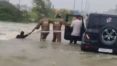 Watch: Telangana police rescue man swept away by floodwater