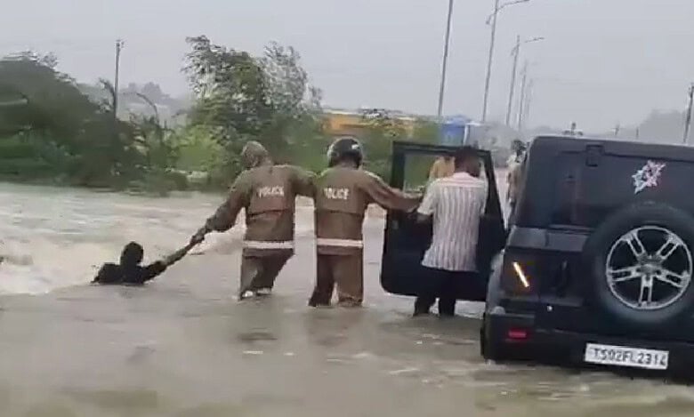 Watch: Telangana police rescue man swept away by floodwater