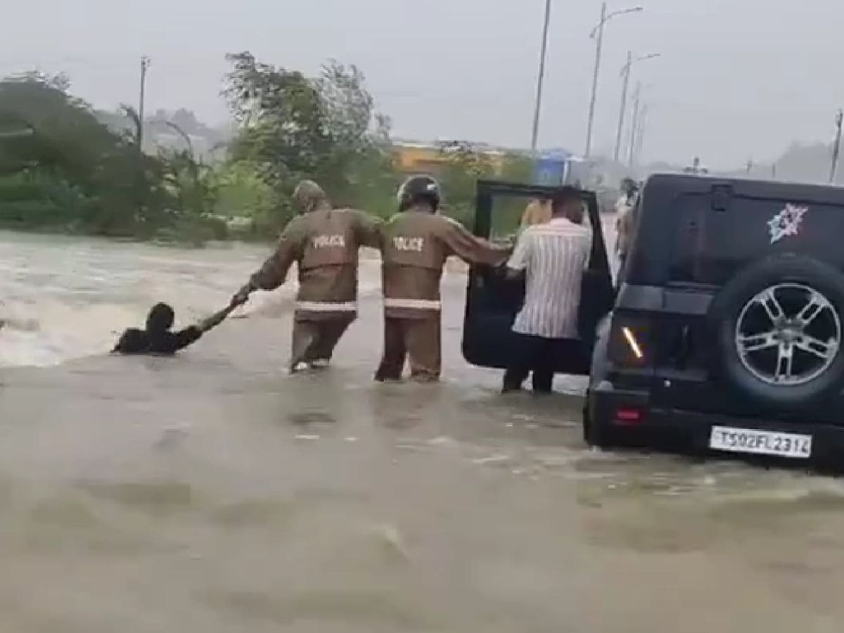 Watch: Telangana police rescue man swept away by floodwater