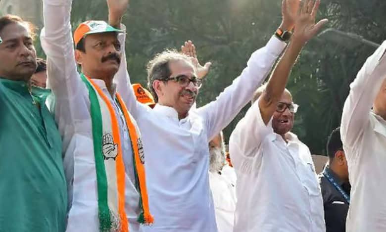 NCP Chief Sharad Pawar, Shiv Sena Chief Uddhav Thackeray and others during an MVA's protest rally against the state government, in Mumba