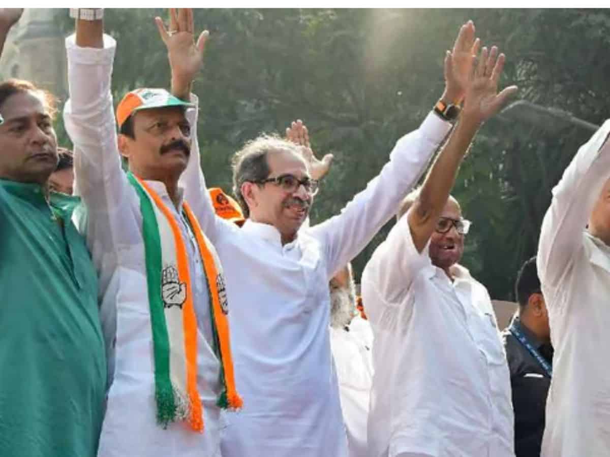 NCP Chief Sharad Pawar, Shiv Sena Chief Uddhav Thackeray and others during an MVA's protest rally against the state government, in Mumba
