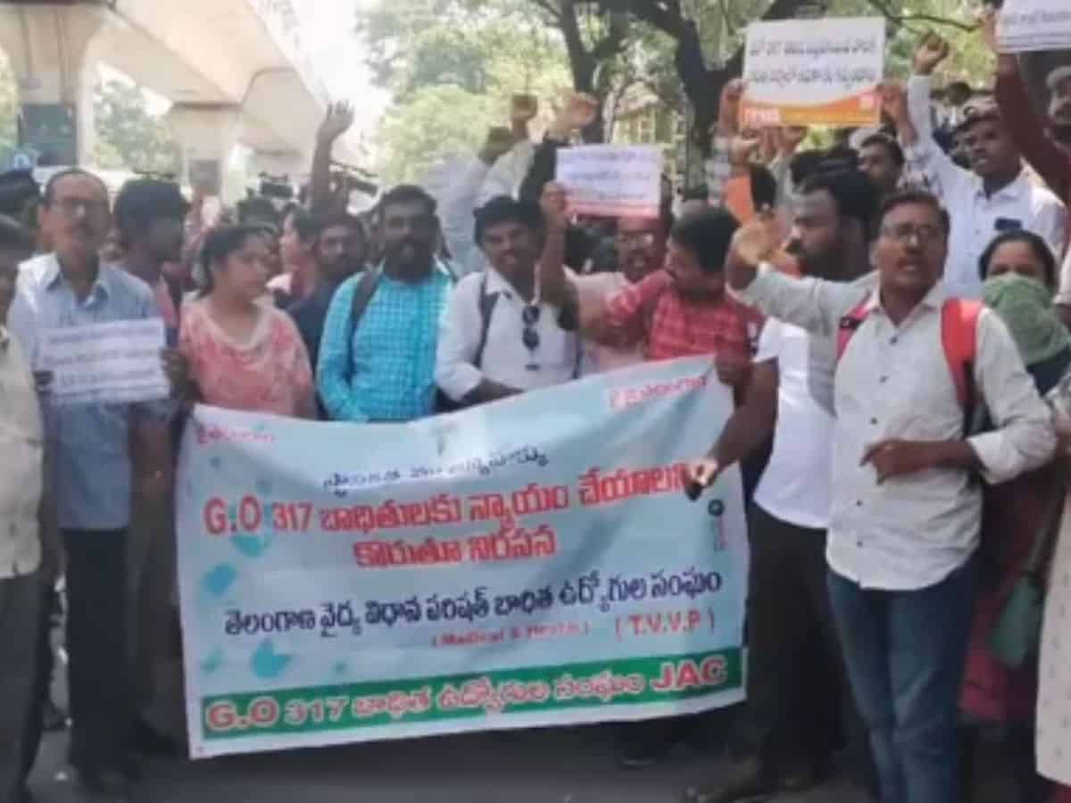 GO 317 affected teachers protest at Gandhi Bhavan on Wednesday demanding the Congress government to resolve their issues as promised in the election manifesto.