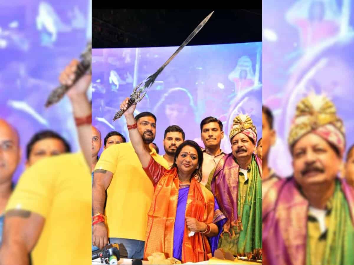 Hyderabad Mayor draws ire over sword display at Bathukamma