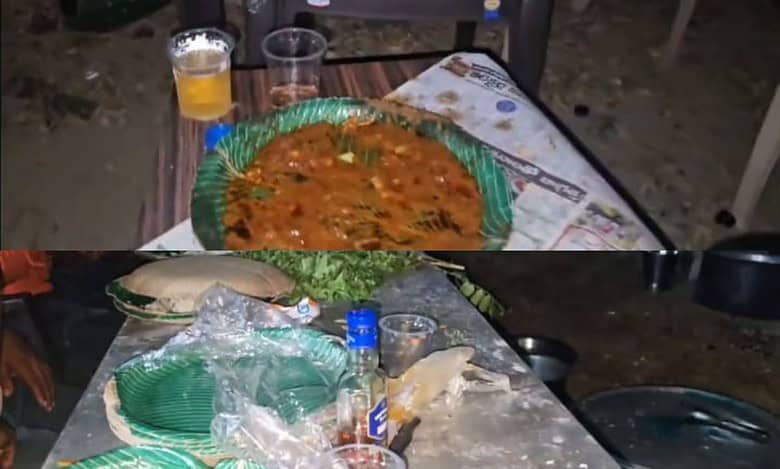 Forest officials in Jagtial caught by a journalist consuming alcohol at the forest range office on the occasion of Dasara.