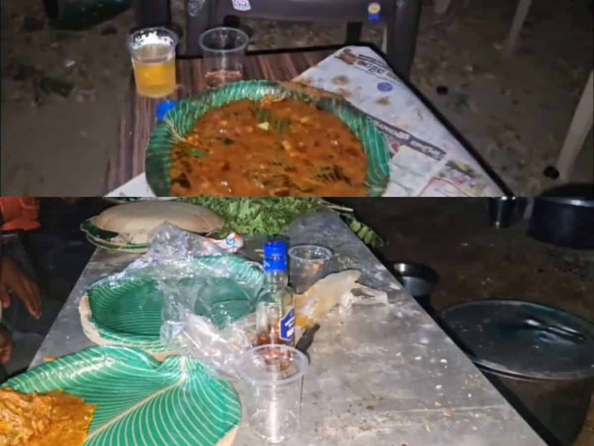 Forest officials in Jagtial caught by a journalist consuming alcohol at the forest range office on the occasion of Dasara.
