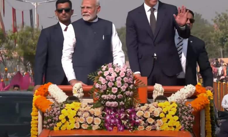 Prime Minister Narendra Modi and Spanish Prime Minister Pedro Sanchez during a roadshow in Vadodara in Gujarat on Monday October 28 2024