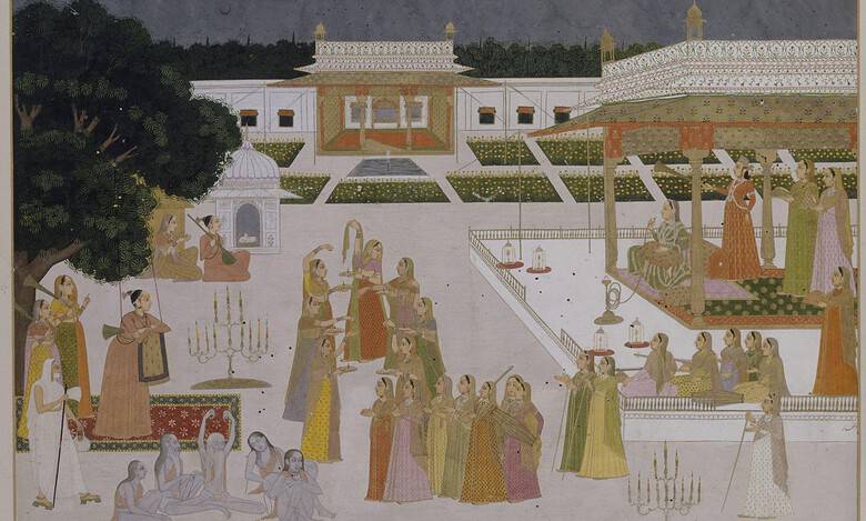 A princess and ladies celebrating Diwali in a palace courtyard, in the presence of yogis and yoginis. (Photo: Victoria and Albert Museum)