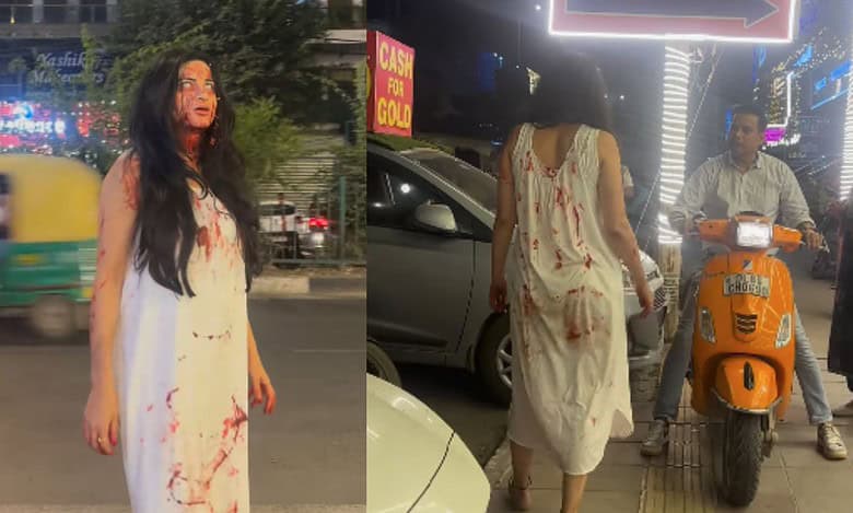 Woman in halloween costume chased by dog in Delhi