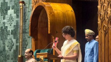 Congress leader Priyanka Gandhi Vadra takes oath as a Member of Parliament in the Lok Sabha during the Winter session of Parliament, in New Delhi