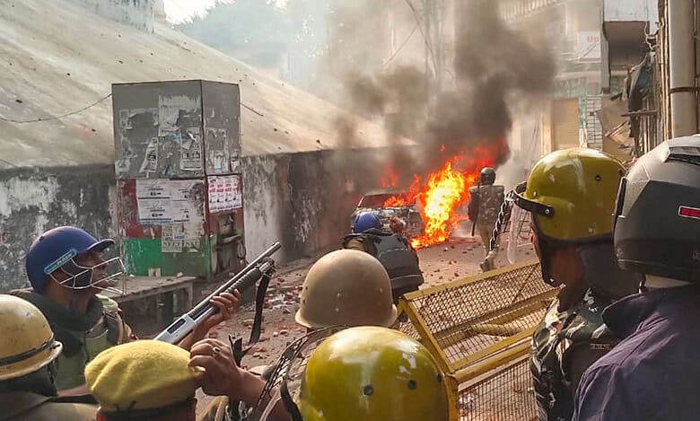 Police try to control situation after violence erupted during the second survey of the Jama Masjid, claimed to be originally the site of an ancient Hindu temple, in Sambhal, Sunday, Nov. 24, 2024. (PTI Photo)