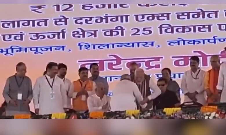 Bihar CM Nitish Kumar touches PM Modi’s feet, third time this year
