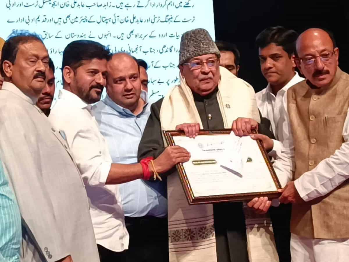 Revanth Reddy confers Maulana Azad Award to Zahid Ali Khan