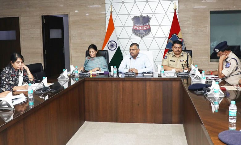 Telangana DGP Dr Jitendra holds review on Safe City Project at his office on Saturday.