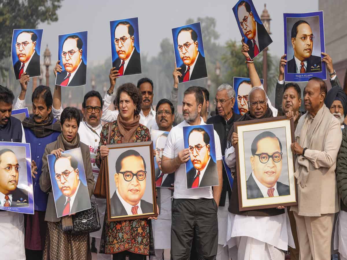 INDIA bloc MPs protest in Parliament premises