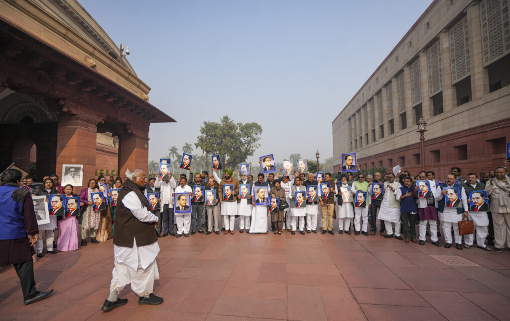 INDIA bloc MPs protest in Parliament premises