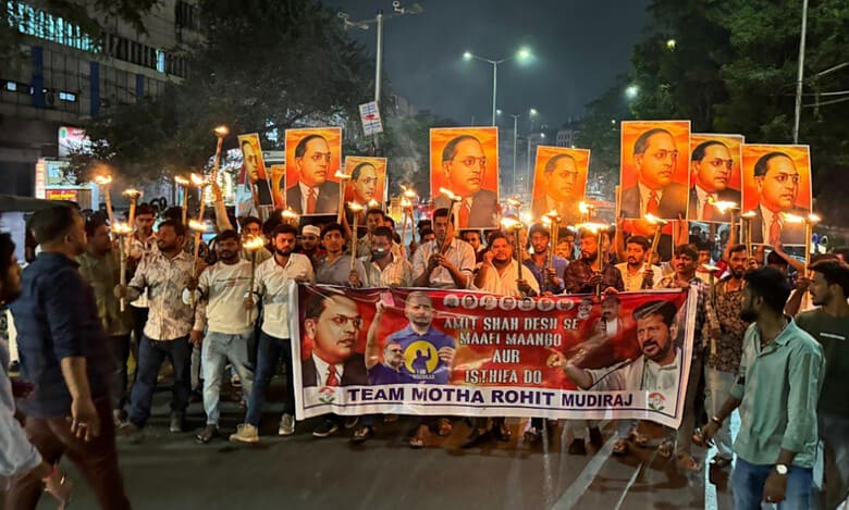 Congress workers protest in Hyderabad over Amit Shah's remarks on Dr Ambedkar