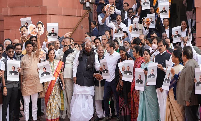 Adani issue: INDIA bloc MPs protest in Parliament complex