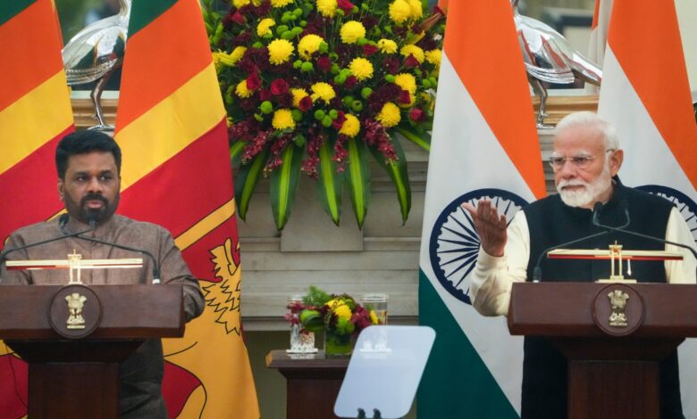 Indian Prime Minister Narendra Modi and Sri Lankan President Anura Kumara Dissanayake during a joint press meet at the Hyderabad House