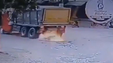 Motorbike being run over and burst into fire at Narsapur X road