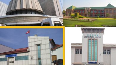 Top Left: Vidhan Bhavan, Mumbai – Maharashtra's primary legislative seat. Top Right: Vidhan Bhavan, Nagpur – Venue for the winter session. Bottom Left: Legislative Assembly Hall, Srinagar – Summer seat of J&K legislature. Bottom Right: Legislative Assembly Hall, Jammu – Winter seat of J&K legislature.
