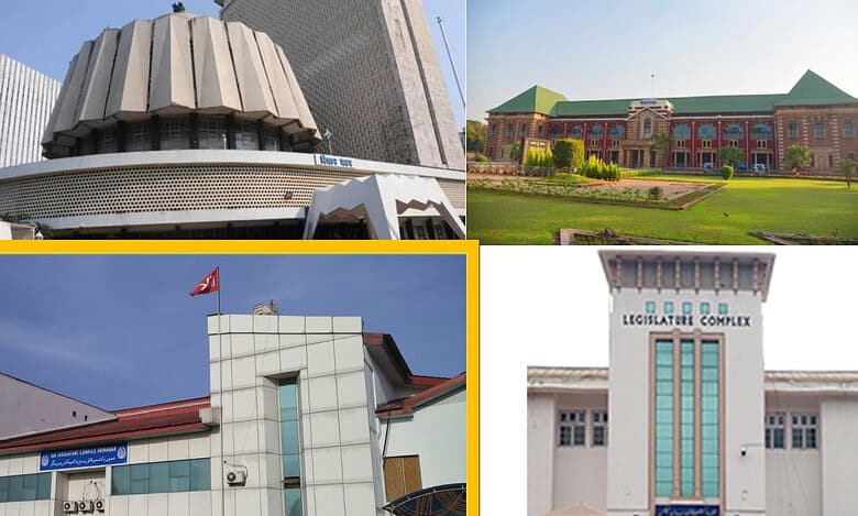 Top Left: Vidhan Bhavan, Mumbai – Maharashtra's primary legislative seat. Top Right: Vidhan Bhavan, Nagpur – Venue for the winter session. Bottom Left: Legislative Assembly Hall, Srinagar – Summer seat of J&K legislature. Bottom Right: Legislative Assembly Hall, Jammu – Winter seat of J&K legislature.