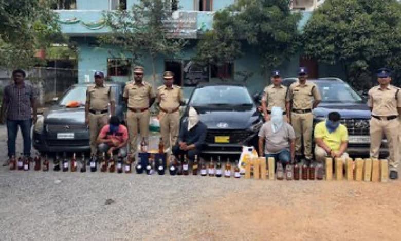 Shamshabad excise police seize duty-free liquor worth Rs 15 lakh and arrest 4 persons.
