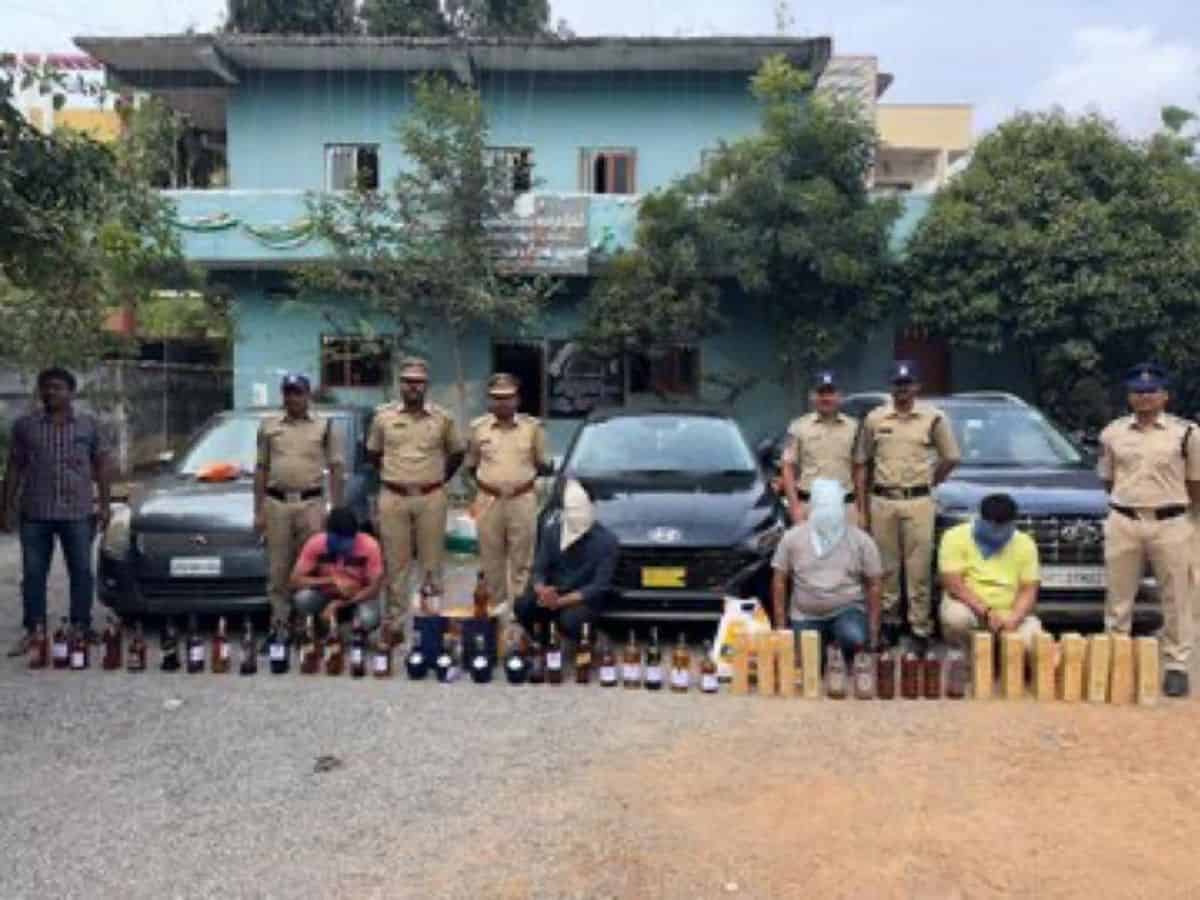 Shamshabad excise police seize duty-free liquor worth Rs 15 lakh and arrest 4 persons.