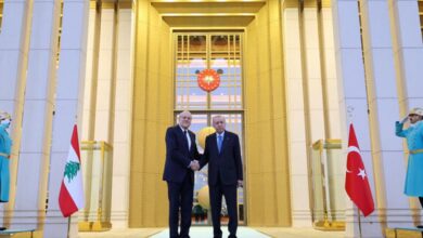 Turkey's President Tayyip Erdogan welcomes Lebanon’s caretaker Prime Minister Najib Mikati in Ankara, Turkey, on December 18.
